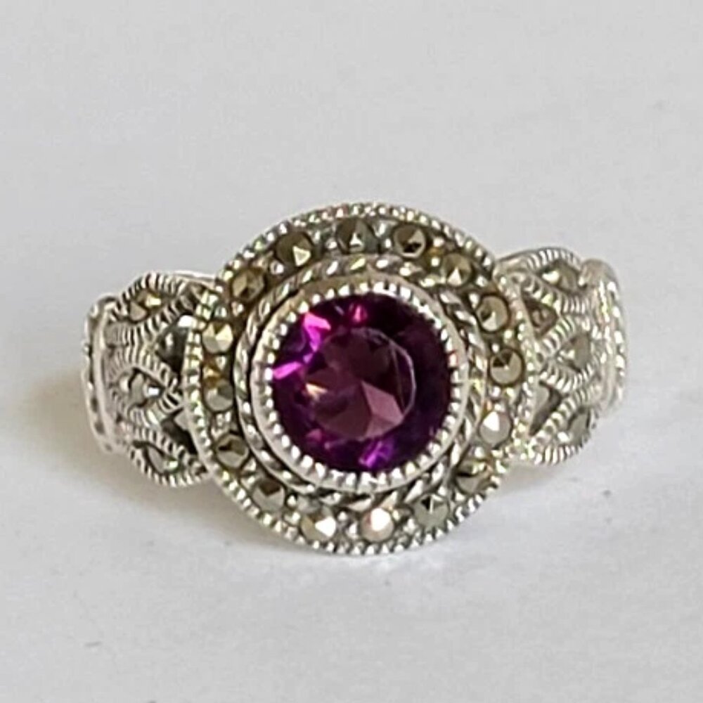 Purple Amethyst Round Solitaire Marcasite Crystal Halo Boho Sterling Silver Ring
